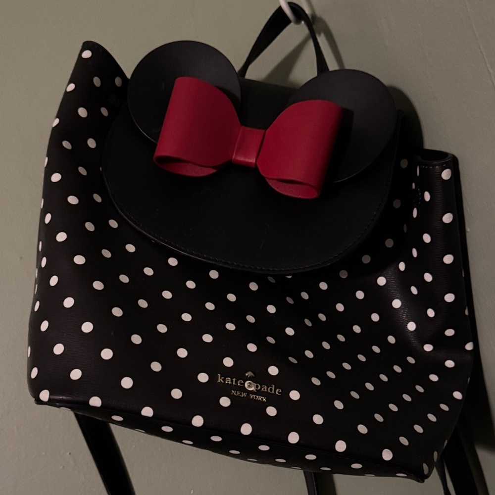 Kate Spade Black and White Polka Dot Backpack with Red Bow